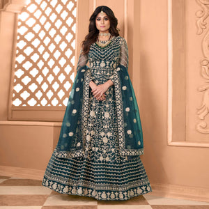 Dark Green Partywear Floral Embroidered Net Anarkali Suit - Peachmode