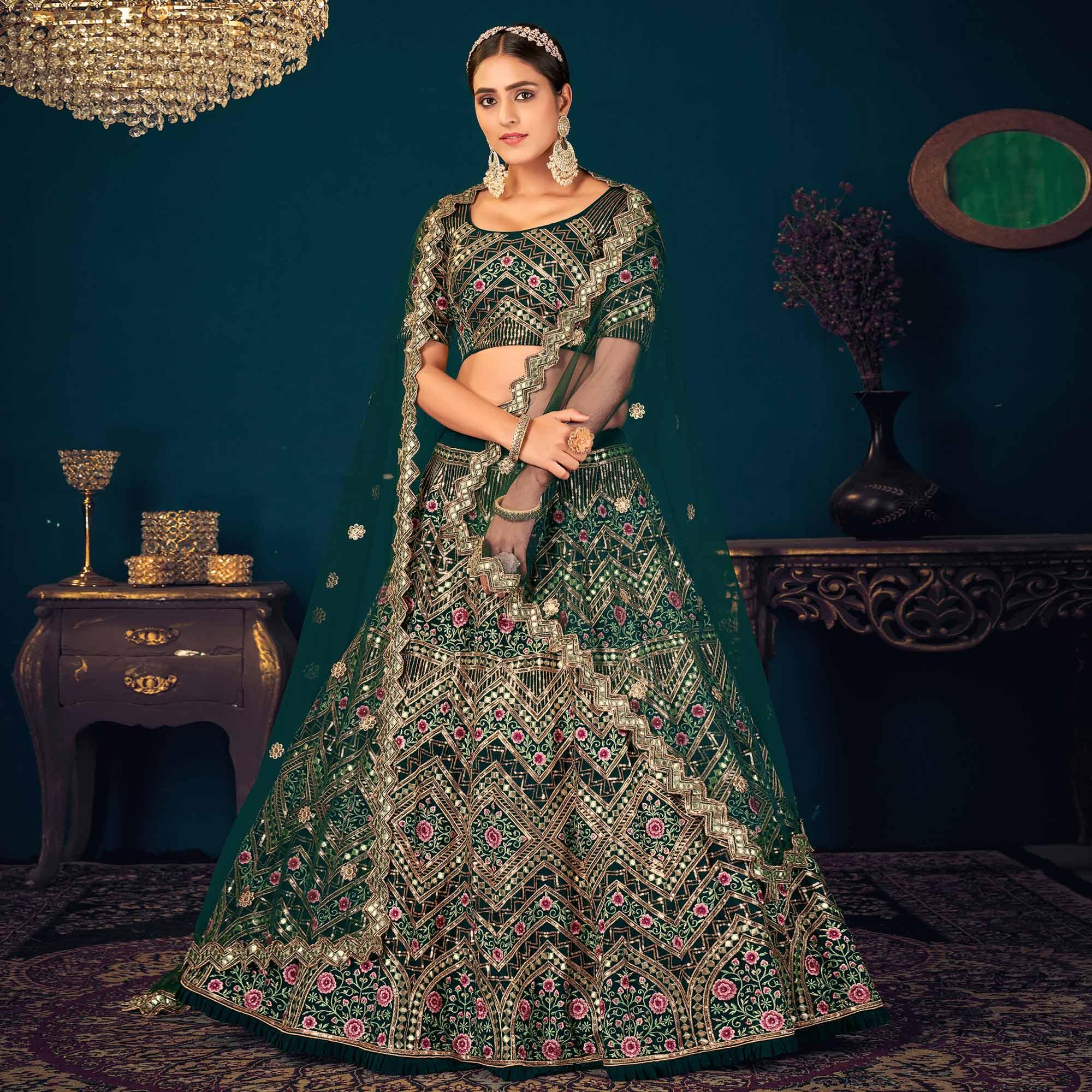 Dark Green Partywear Sequence With Gotta Patti Embroidered Georgette Lehenga Choli - Peachmode