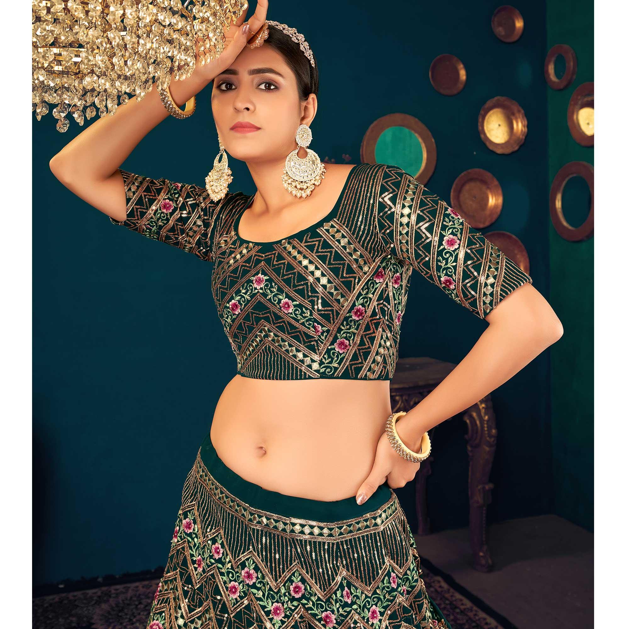 Dark Green Partywear Sequence With Gotta Patti Embroidered Georgette Lehenga Choli - Peachmode