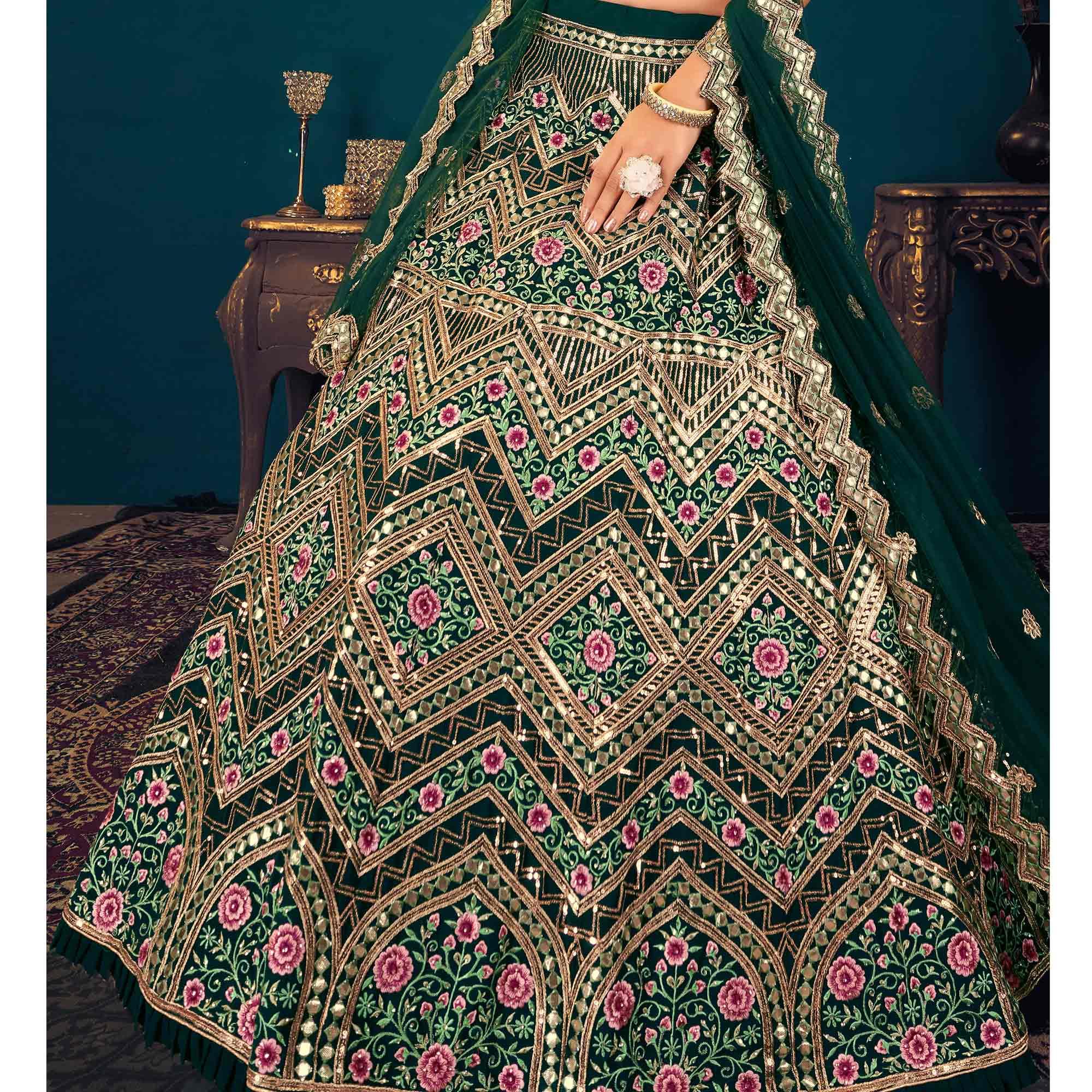 Dark Green Partywear Sequence With Gotta Patti Embroidered Georgette Lehenga Choli - Peachmode