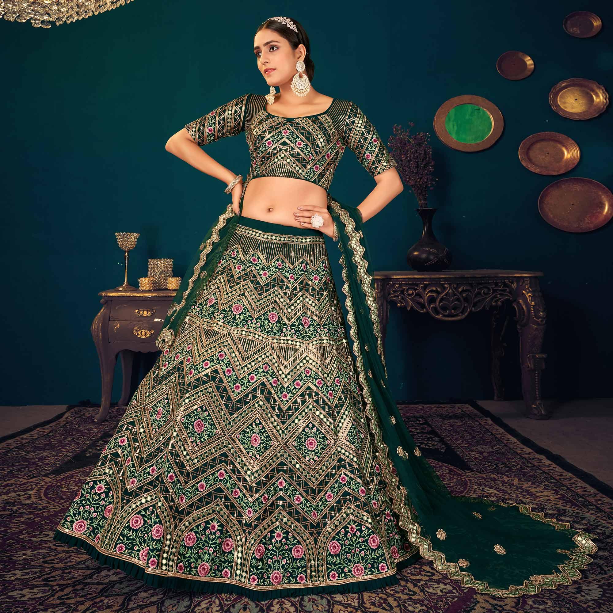 Dark Green Partywear Sequence With Gotta Patti Embroidered Georgette Lehenga Choli - Peachmode