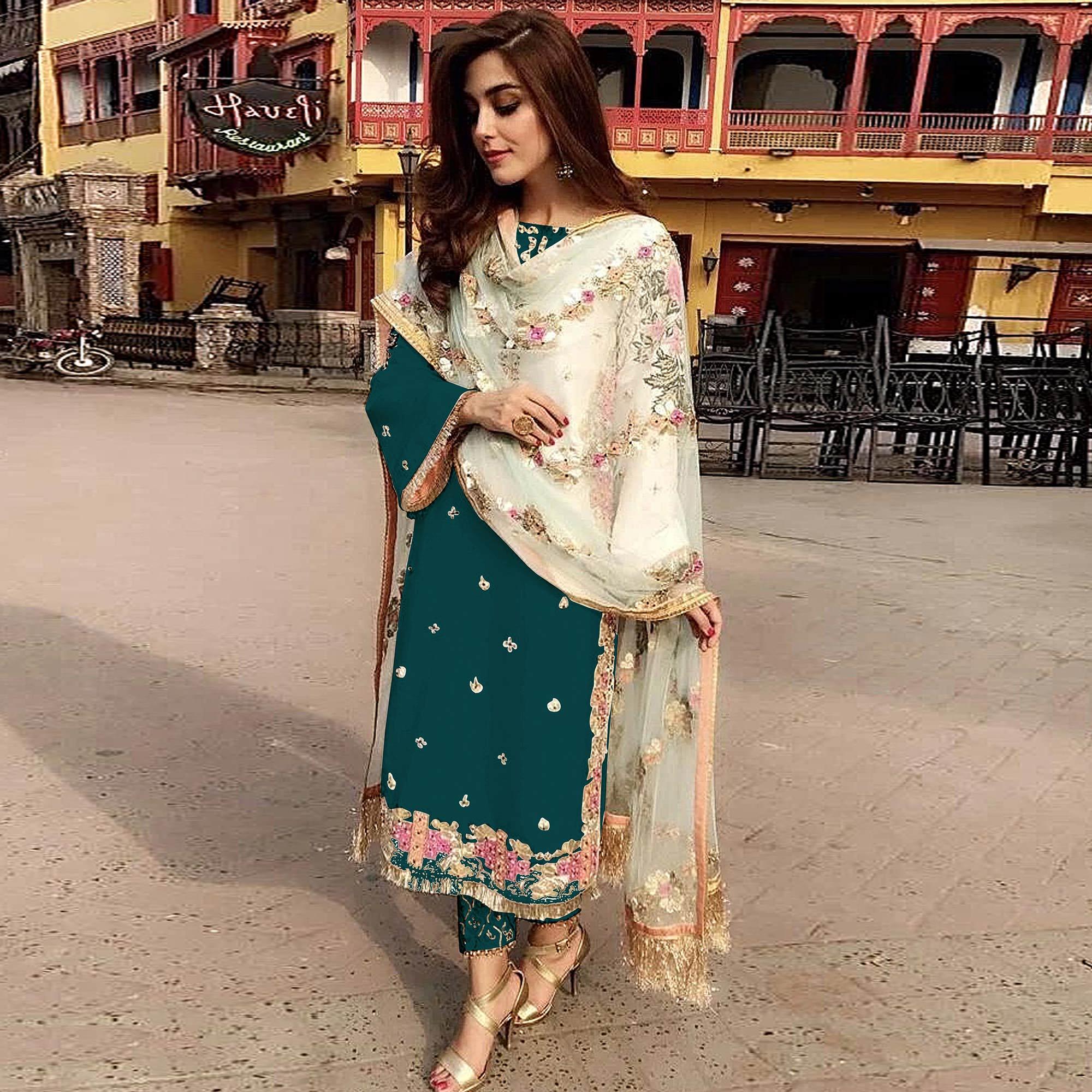 Dark Green Partywear Straight cut Style Embroidery and Moti Work faux Georgette Salwar Suit - Peachmode