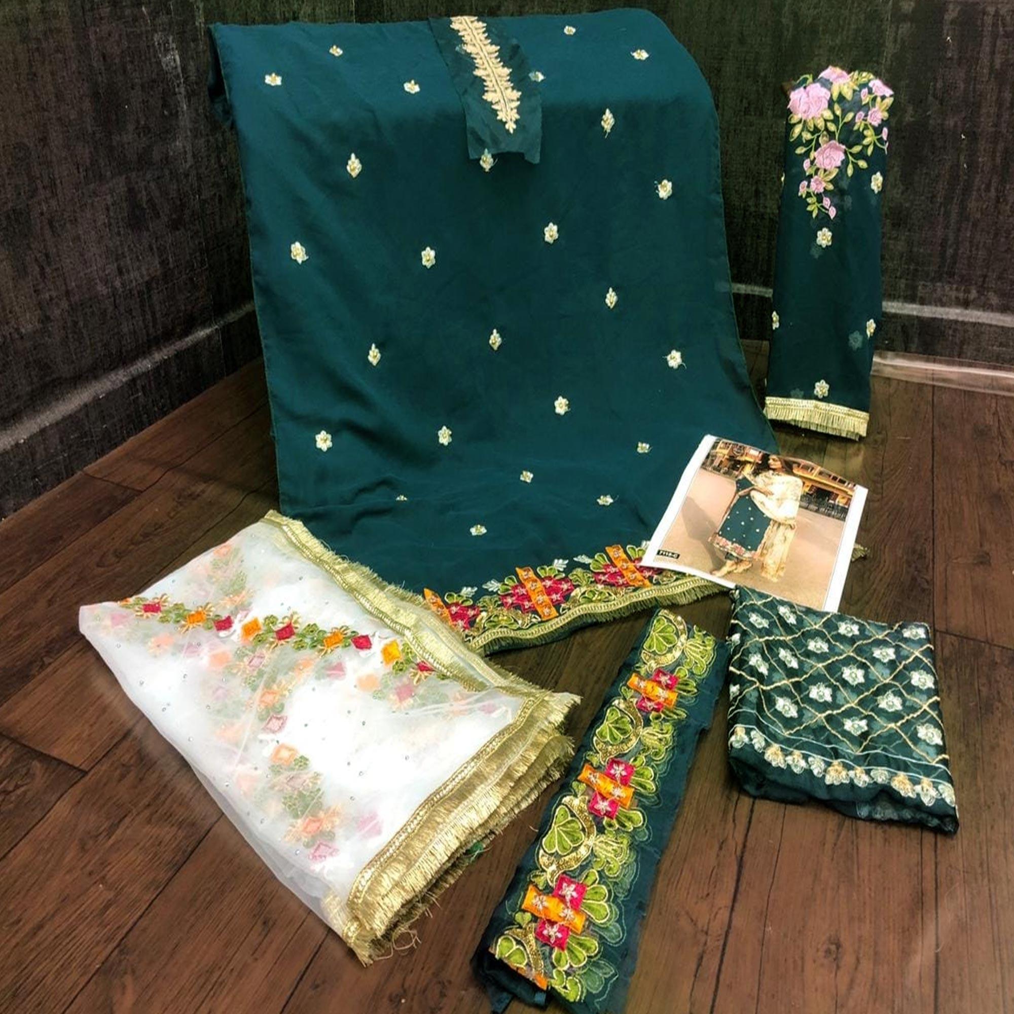 Dark Green Partywear Straight cut Style Embroidery and Moti Work faux Georgette Salwar Suit - Peachmode
