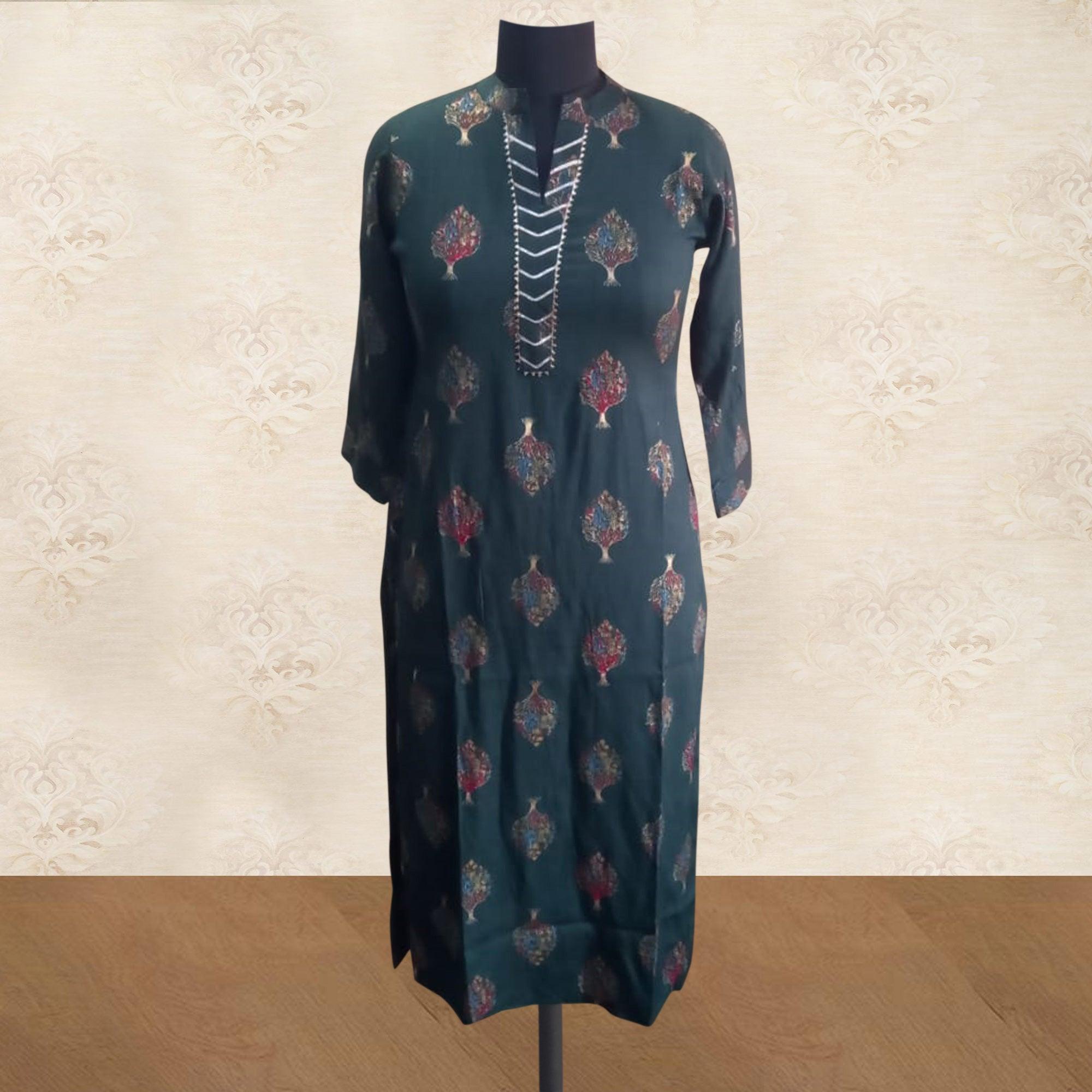 Dark Green Printed Cotton Kurti - Palazzo Set - Peachmode