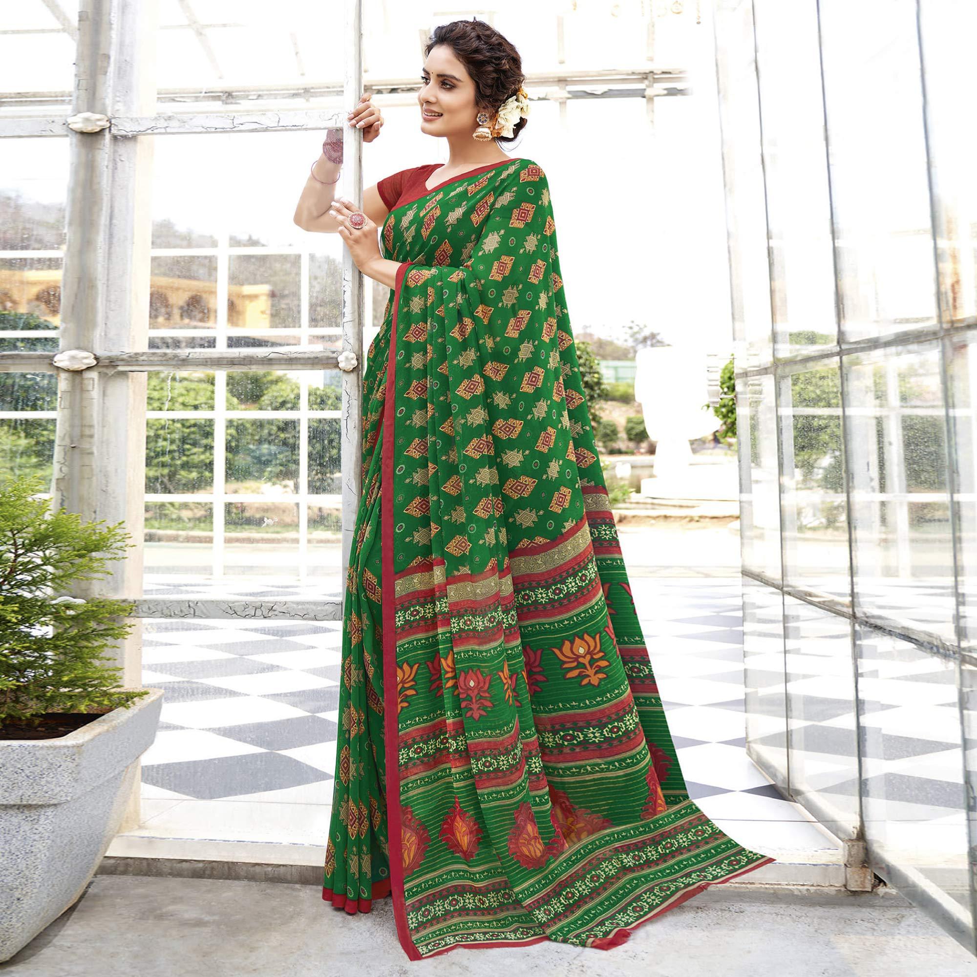 Dark Green Printed Georgette Saree - Peachmode