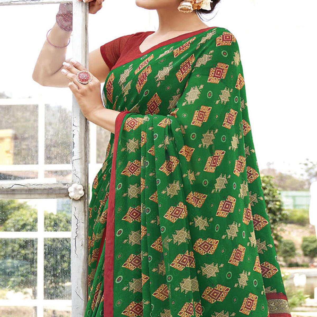 Dark Green Printed Georgette Saree - Peachmode