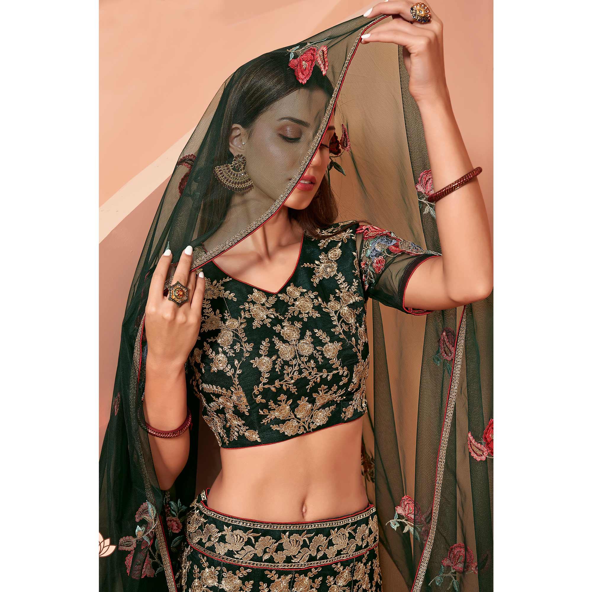 Dark Green Wedding Wear Floral Zari & Sequence Embroiederd Banglori Silk Lehenga Choli - Peachmode