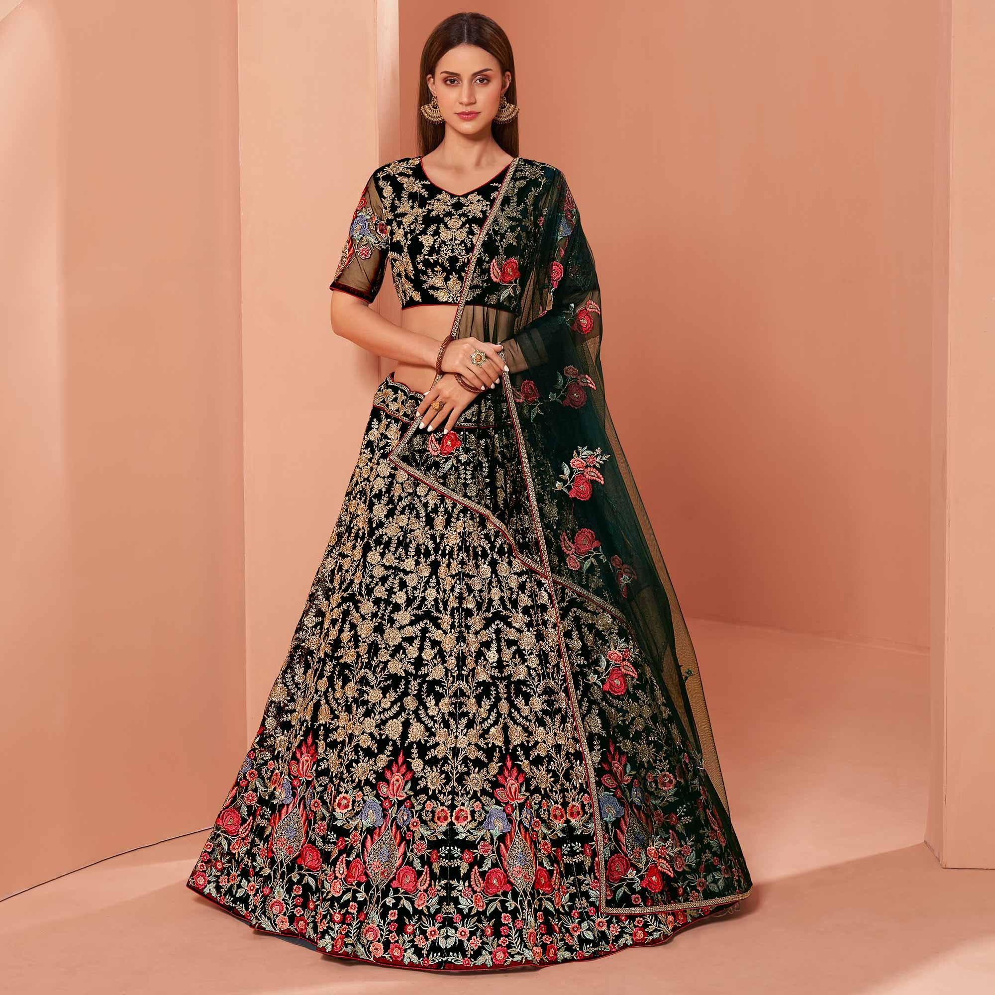 Dark Green Wedding Wear Floral Zari & Sequence Embroiederd Banglori Silk Lehenga Choli - Peachmode