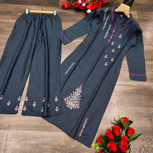 Dark Grey Casual Wear Embroidered Heavy Rayon Kurti - Palazzo Set - Peachmode