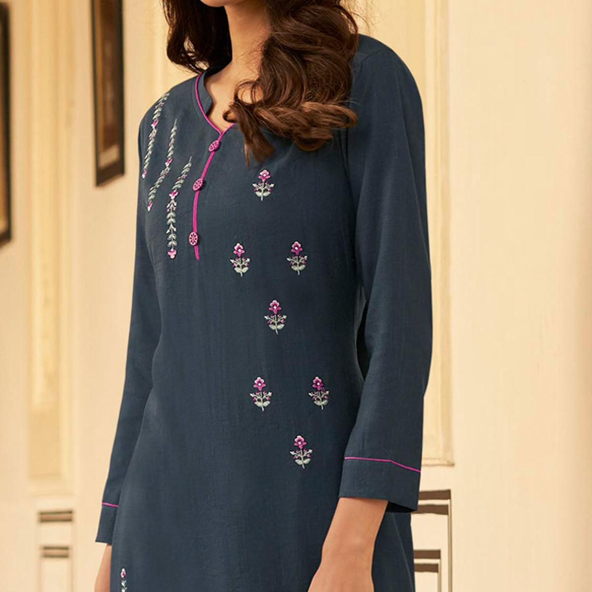 Dark Grey Casual Wear Embroidered Heavy Rayon Kurti - Palazzo Set - Peachmode