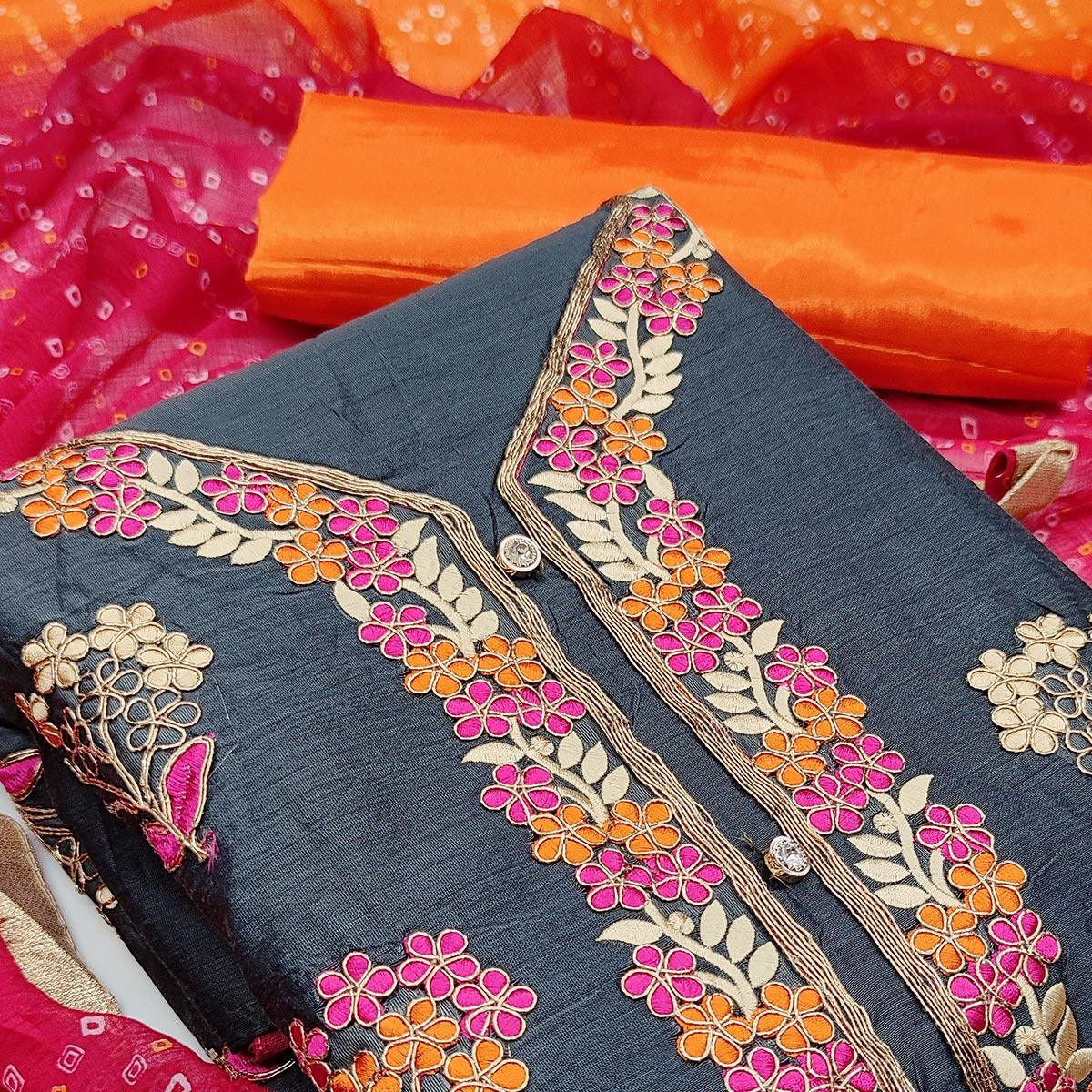 Dark Grey Casual Wear Floral Embroidery With Hand Work Modal Chanderi Dress Material - Peachmode
