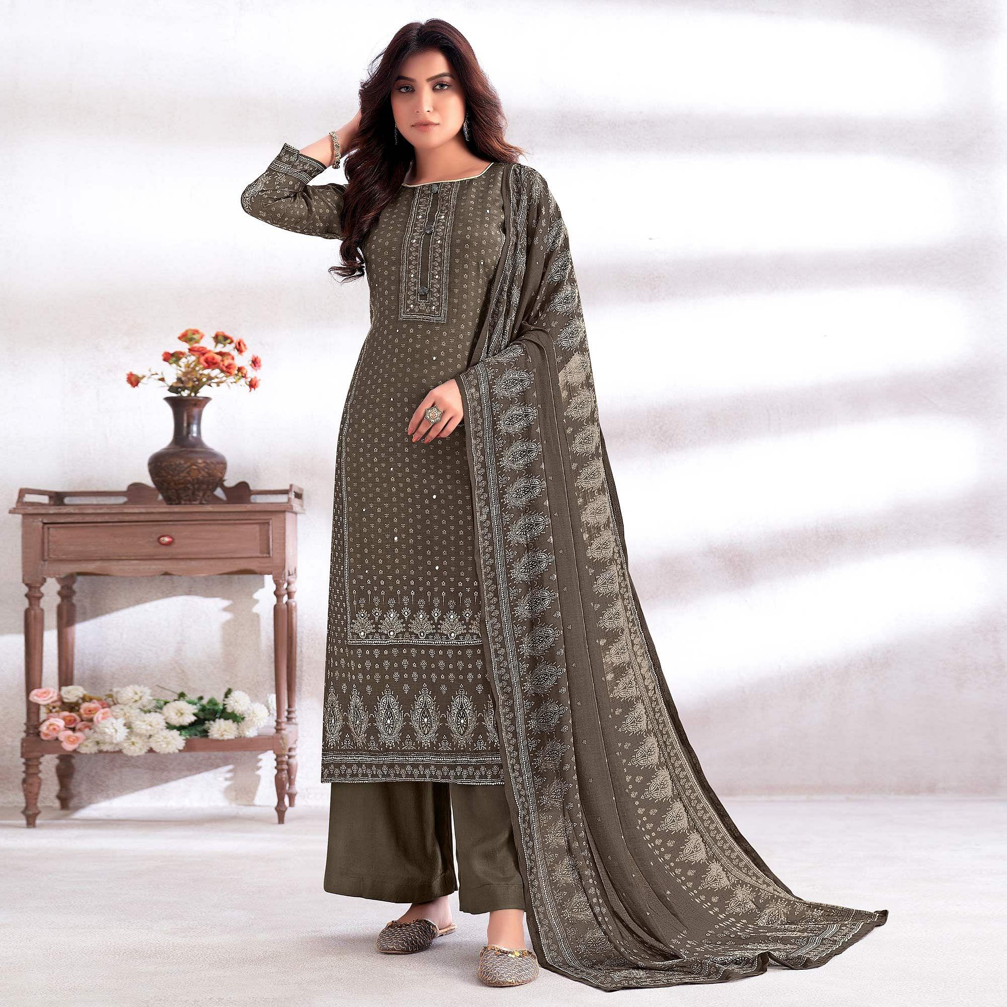 Dark Grey Digital Printed & Hand Work Cotton Silk Suit - Peachmode