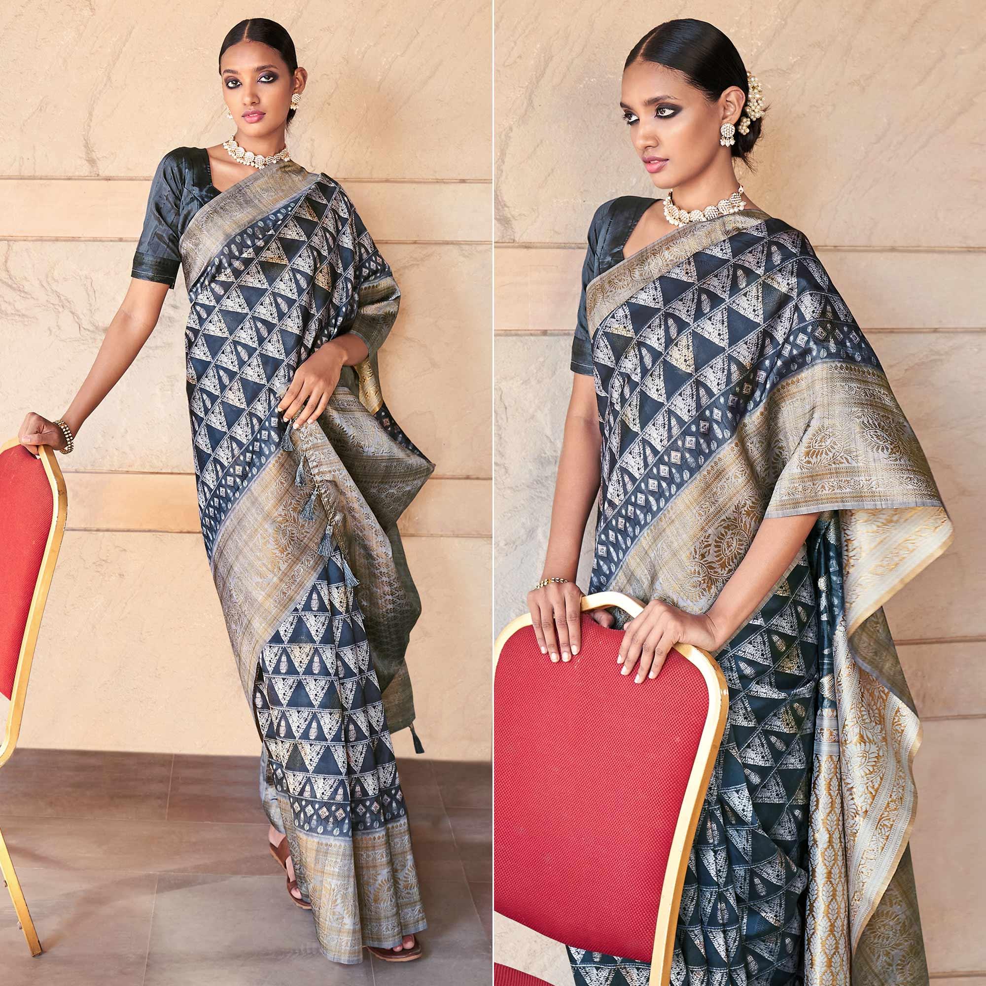 Dark Grey Digital Printed Art Silk Saree With Tassels - Peachmode