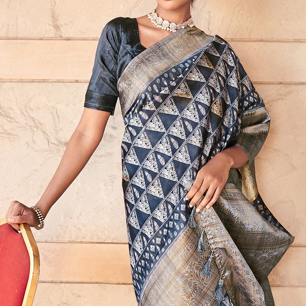 Dark Grey Digital Printed Art Silk Saree With Tassels - Peachmode