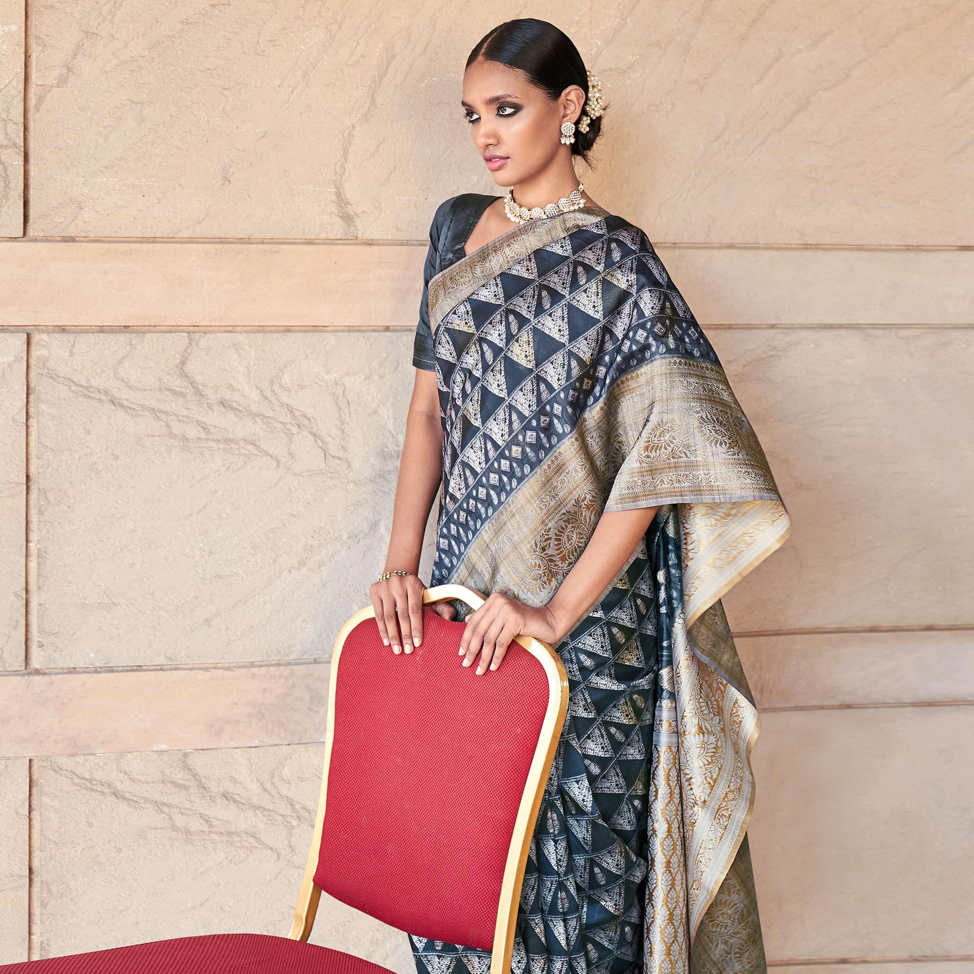 Dark Grey Digital Printed Art Silk Saree With Tassels - Peachmode