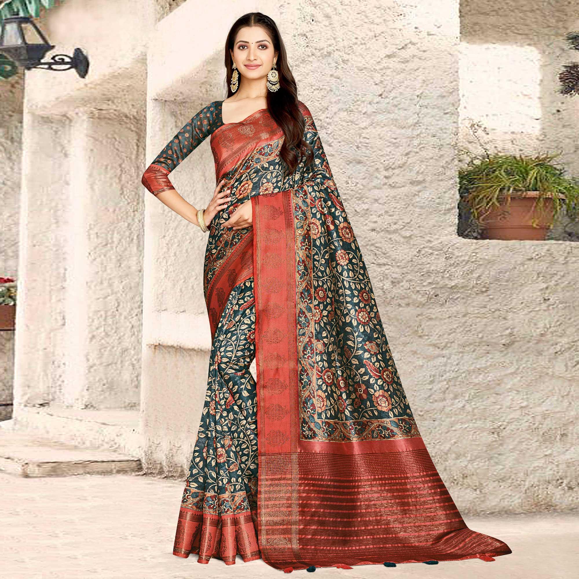 Dark Grey Digital Printed Tussar Silk Saree With Tassels - Peachmode