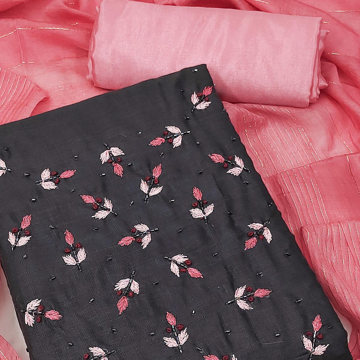 Dark Grey Embroidered Cotton Blend Dress Material - Peachmode