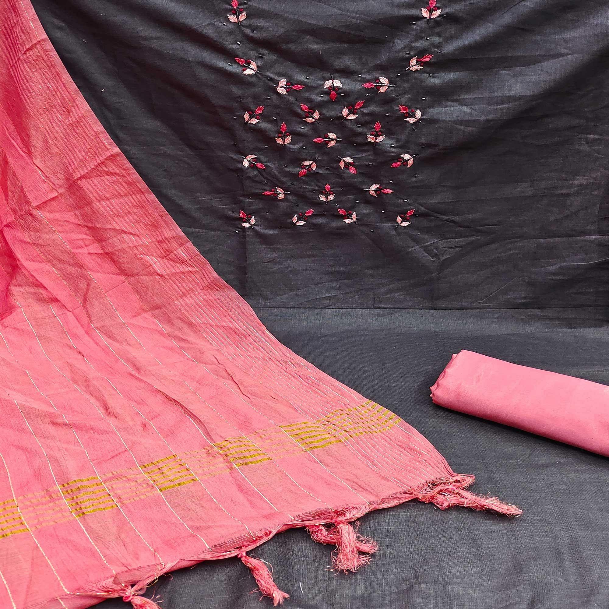 Dark Grey Embroidered Cotton Blend Dress Material - Peachmode