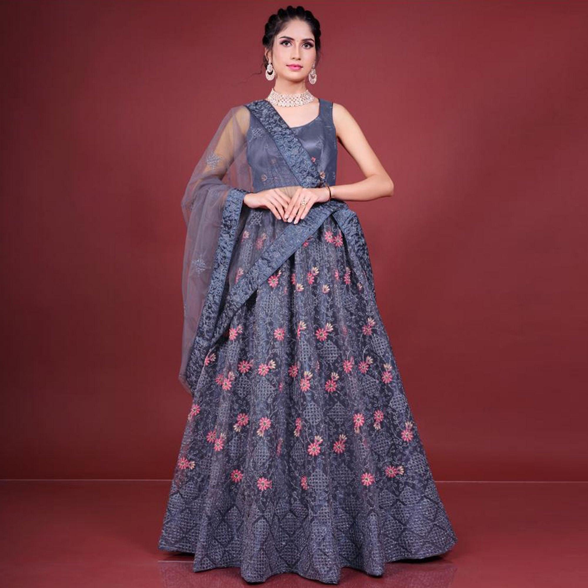 Dark Grey Embroidered Netted Lehenga Choli - Peachmode