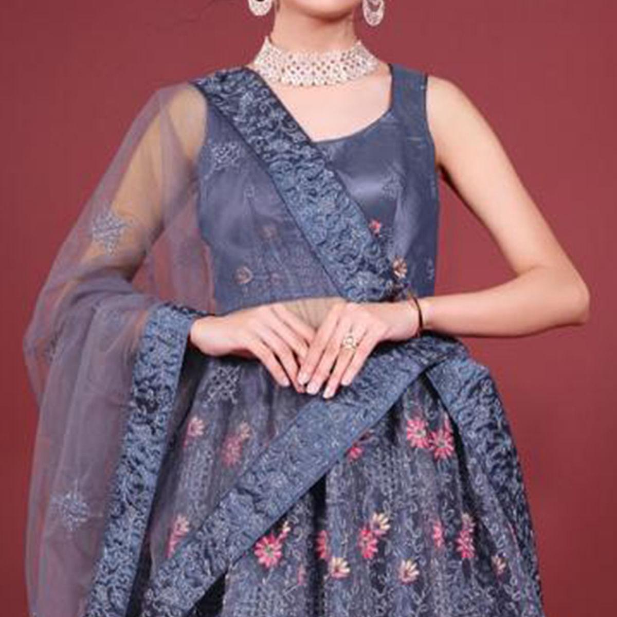Dark Grey Embroidered Netted Lehenga Choli - Peachmode