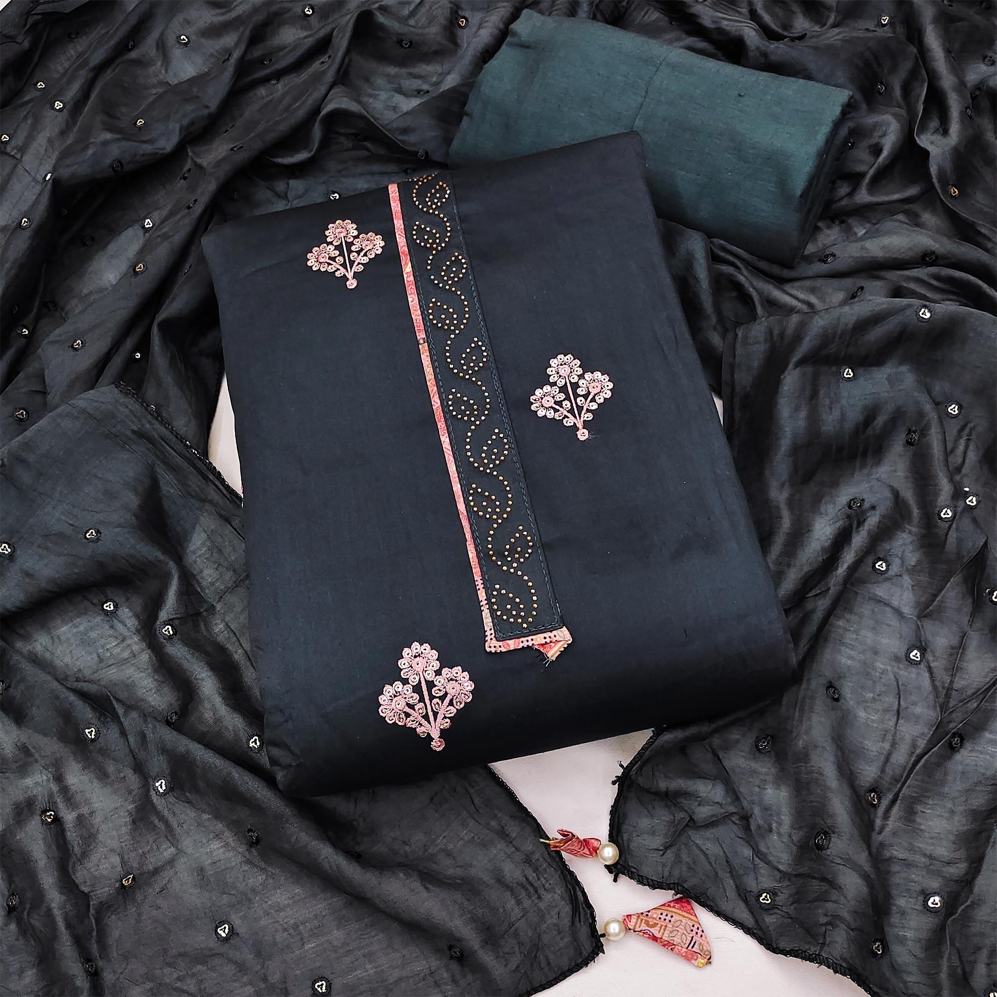 Dark Grey Embroidered Poly Cotton Dress Material - Peachmode