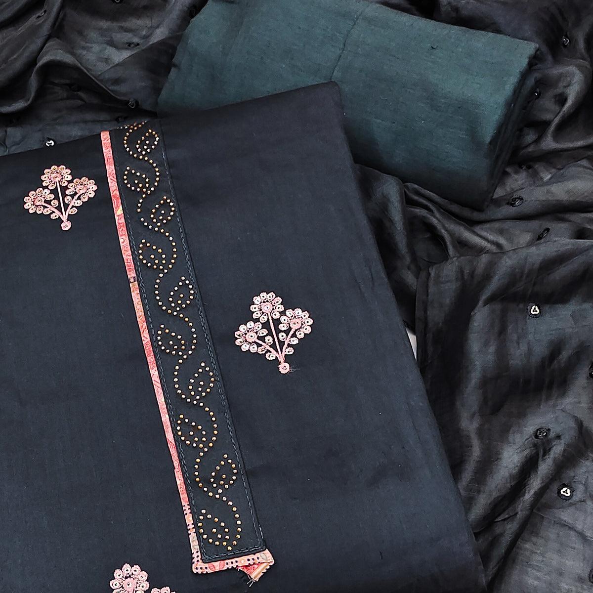 Dark Grey Embroidered Poly Cotton Dress Material - Peachmode