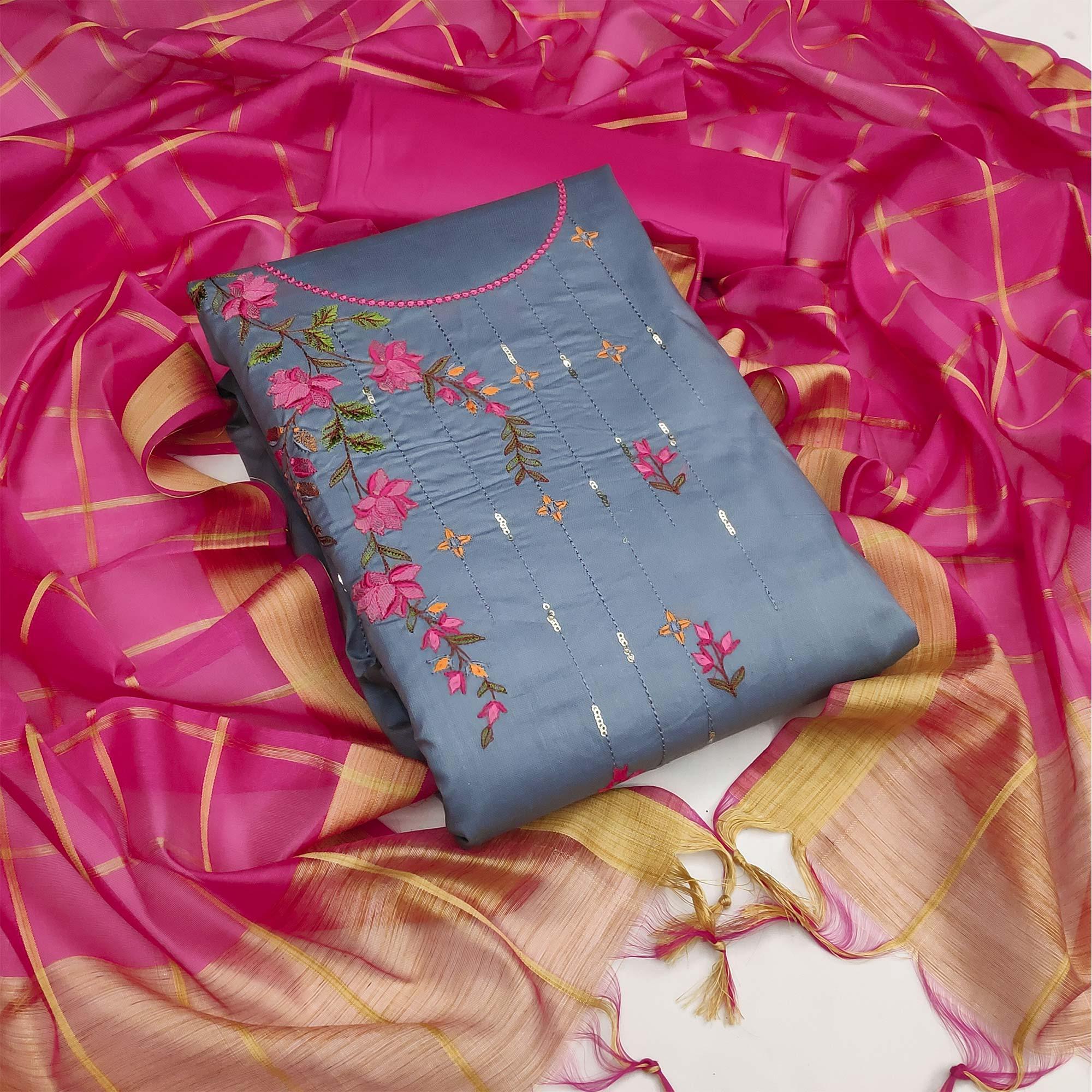 Dark Grey Festive Wear Floral Embroidery With Sequence Cotton Dress Material - Peachmode