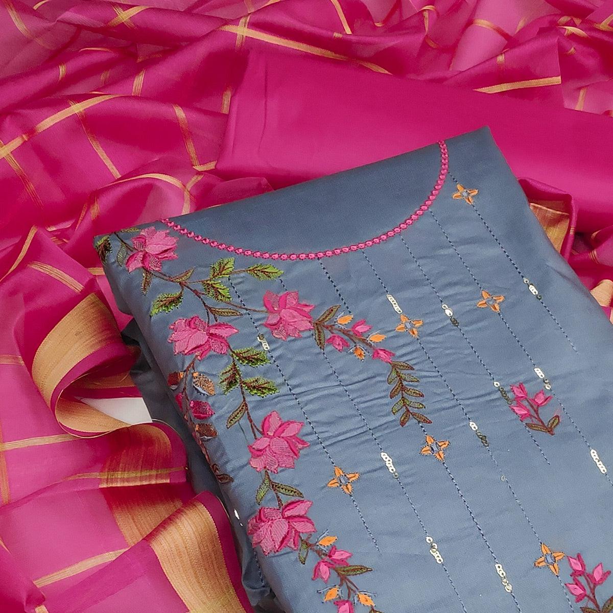 Dark Grey Festive Wear Floral Embroidery With Sequence Cotton Dress Material - Peachmode