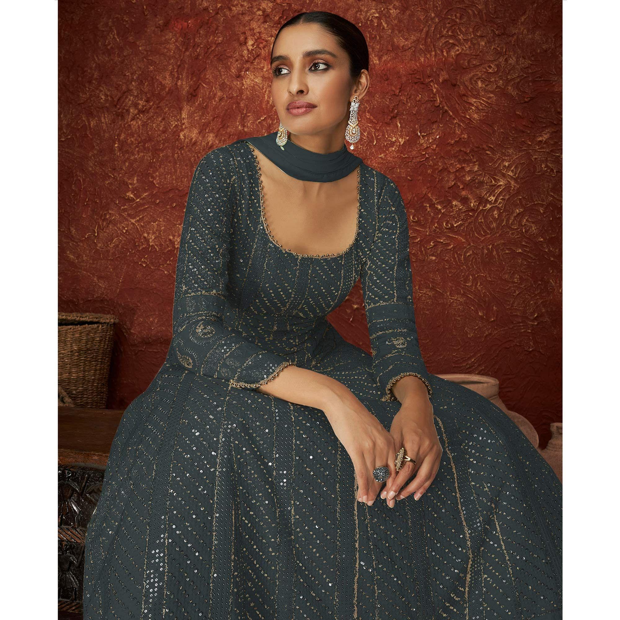 Dark Grey Partywear Sequence Embroidered Georgette Gown - Peachmode