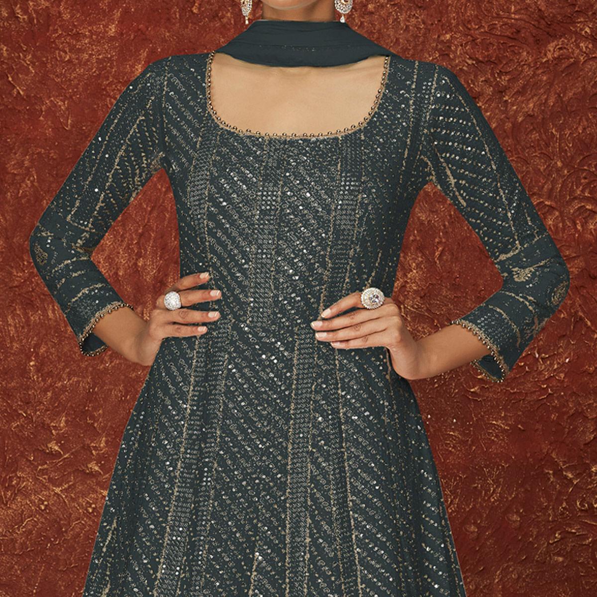 Dark Grey Partywear Sequence Embroidered Georgette Gown - Peachmode