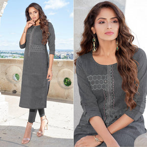 Dark Grey Printed With Embroidered Cotton Blend Kurti Pant Set - Peachmode