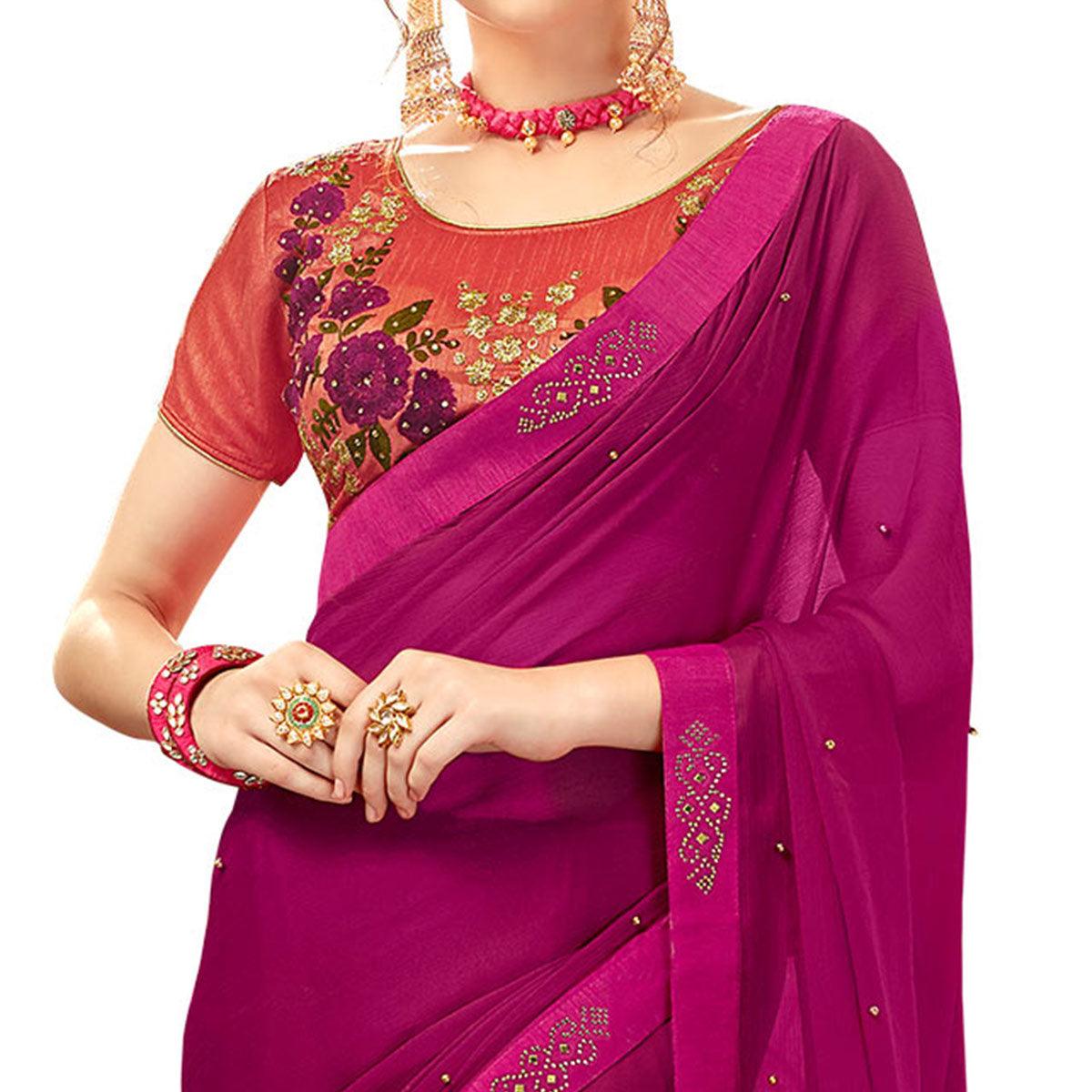 Dark Magenta Pink Sequence Work Georgette Saree - Peachmode