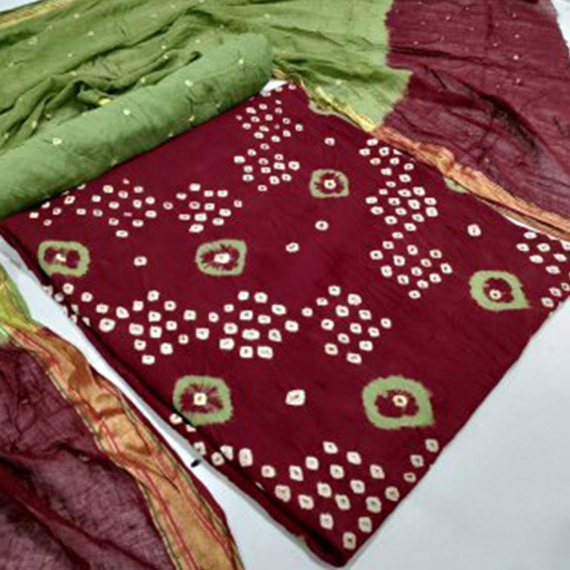 Dark Maroon Casual Wear Hand Bandhej Cotton Dress Material - Peachmode