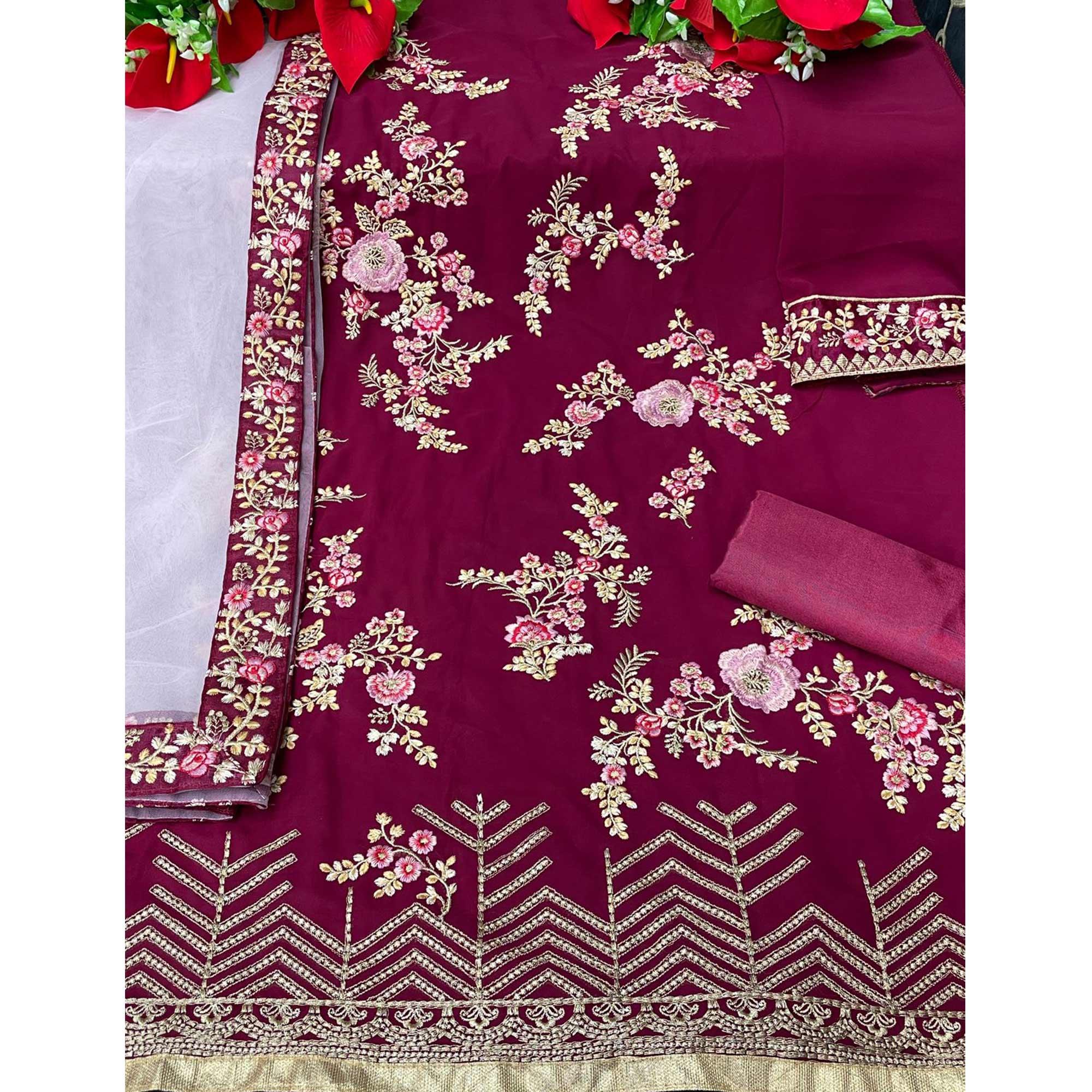 Dark Maroon Partywear Embroidered Heavy Faux Georgette Salwar Suit - Peachmode