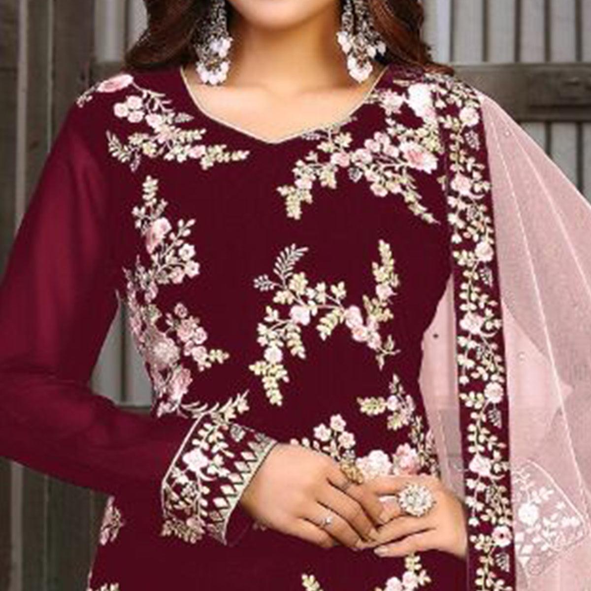 Dark Maroon Partywear Embroidered Heavy Faux Georgette Salwar Suit - Peachmode