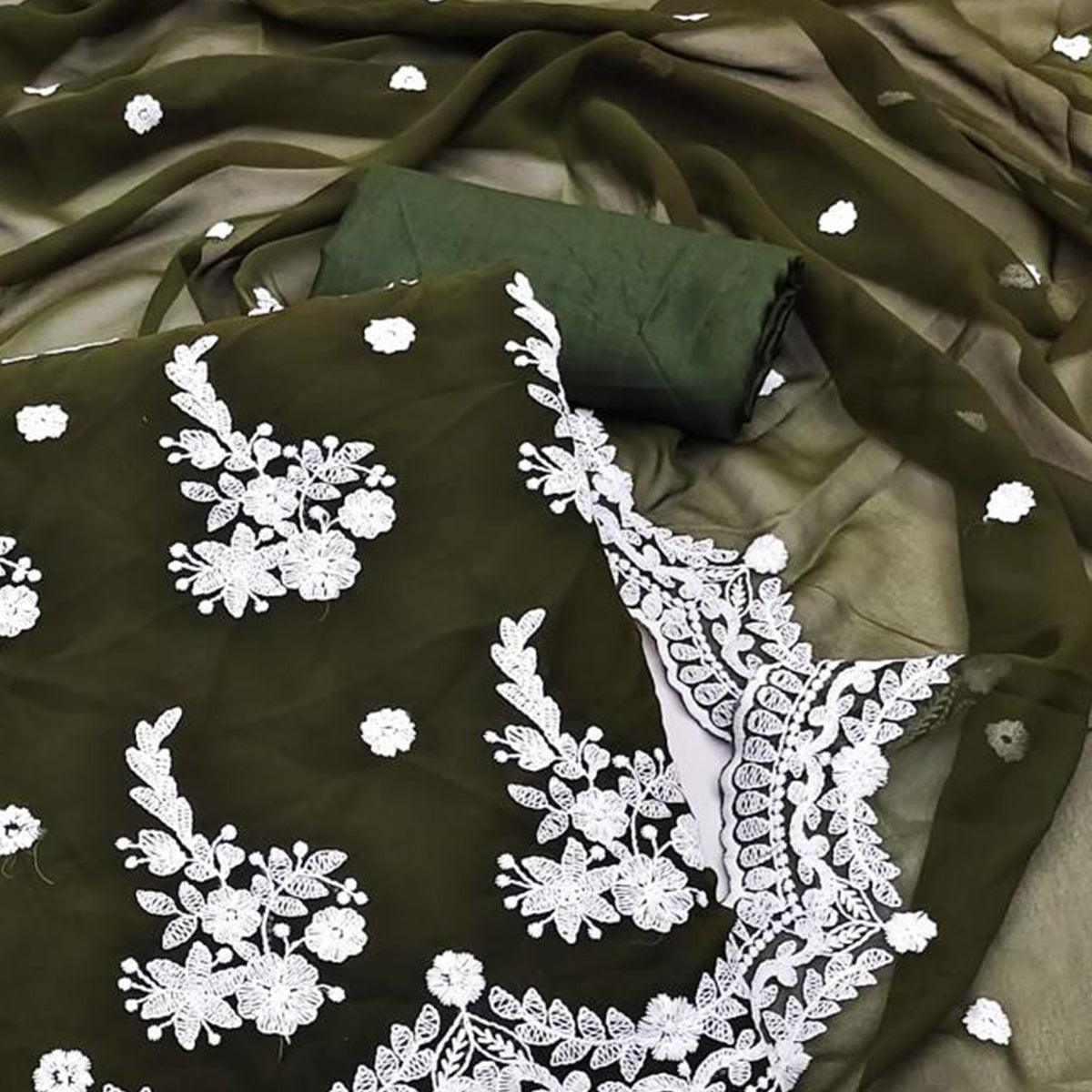 Dark Mehendi Embroidered Georgette Dress Material - Peachmode