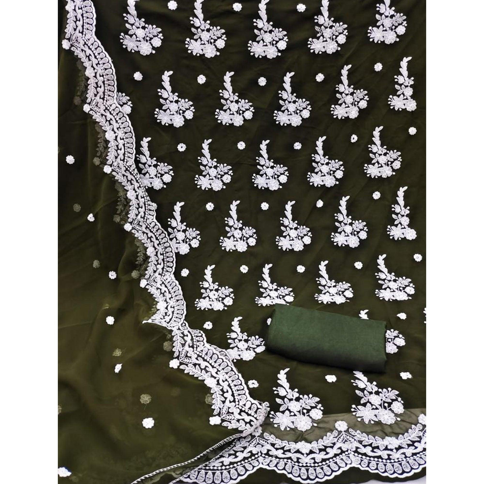 Dark Mehendi Embroidered Georgette Dress Material - Peachmode