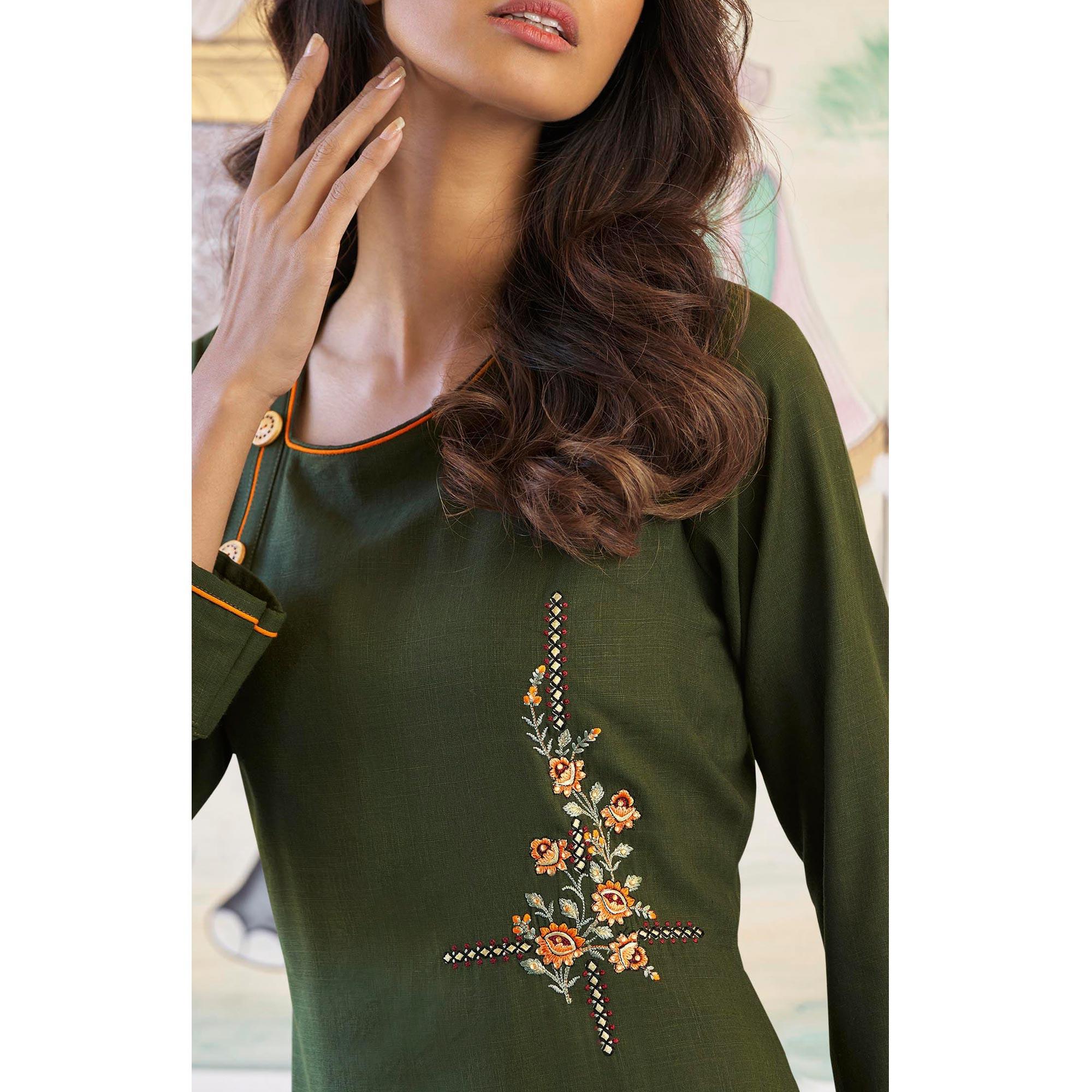 Dark Mehendi Green Casual Wear Embroidered Heavy Rayon Kurti - Palazzo Set - Peachmode