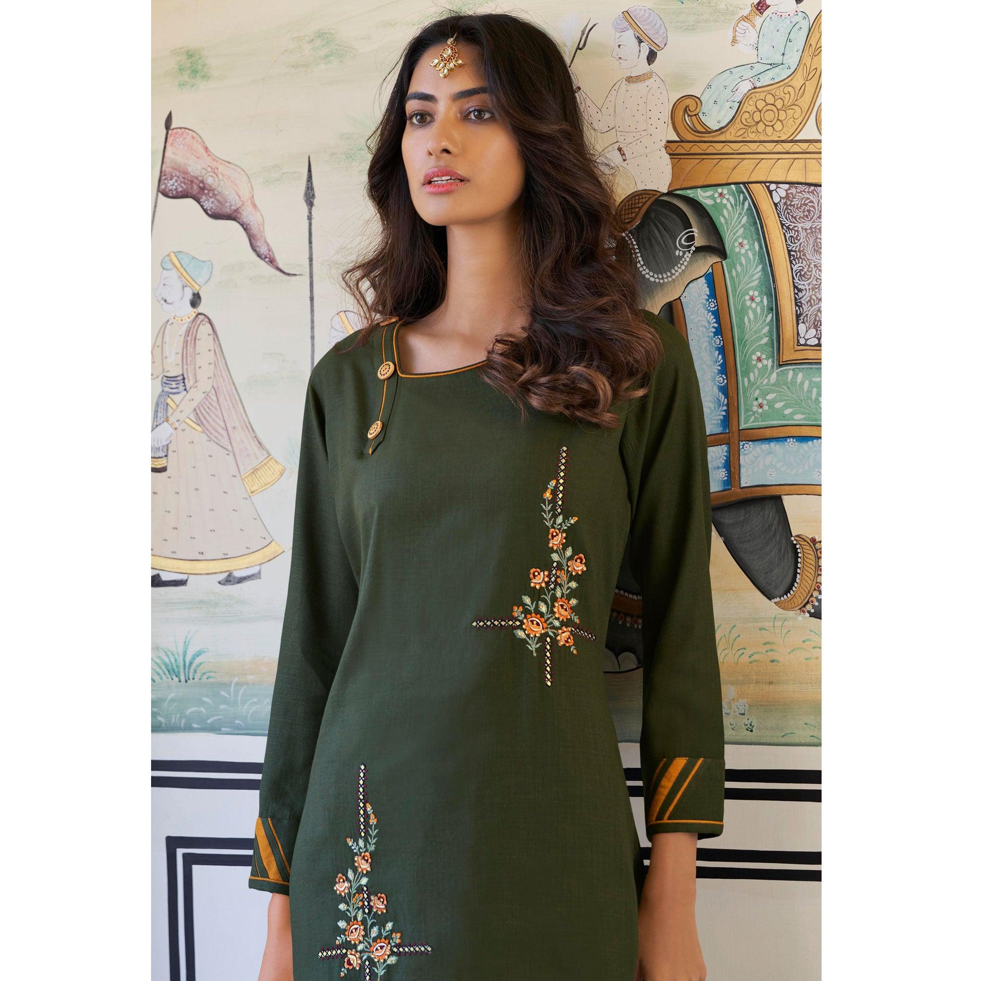 Dark Mehendi Green Casual Wear Embroidered Heavy Rayon Kurti - Palazzo Set - Peachmode