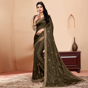 Dark Mehendi Green Embroidered Vichitra Silk Saree - Peachmode