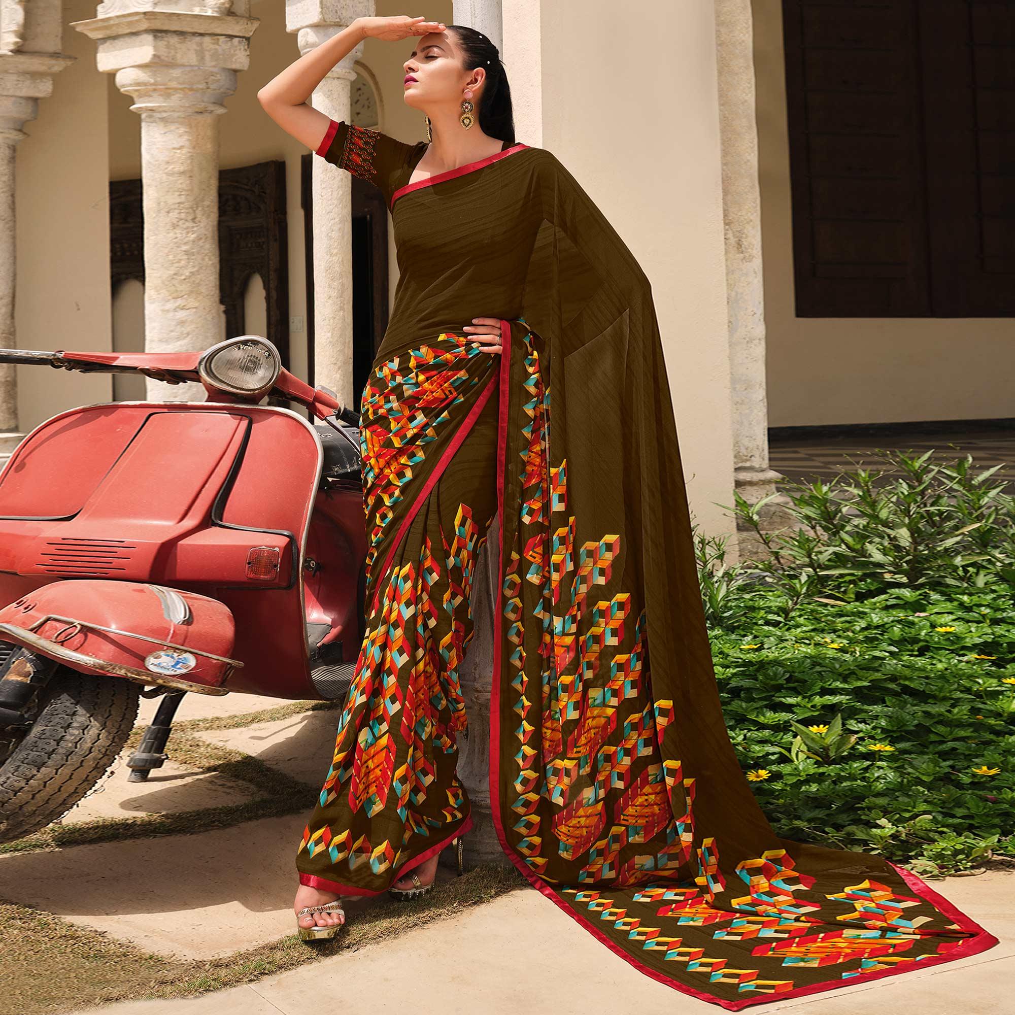 Dark Mehendi Green Printed Georgette Saree - Peachmode
