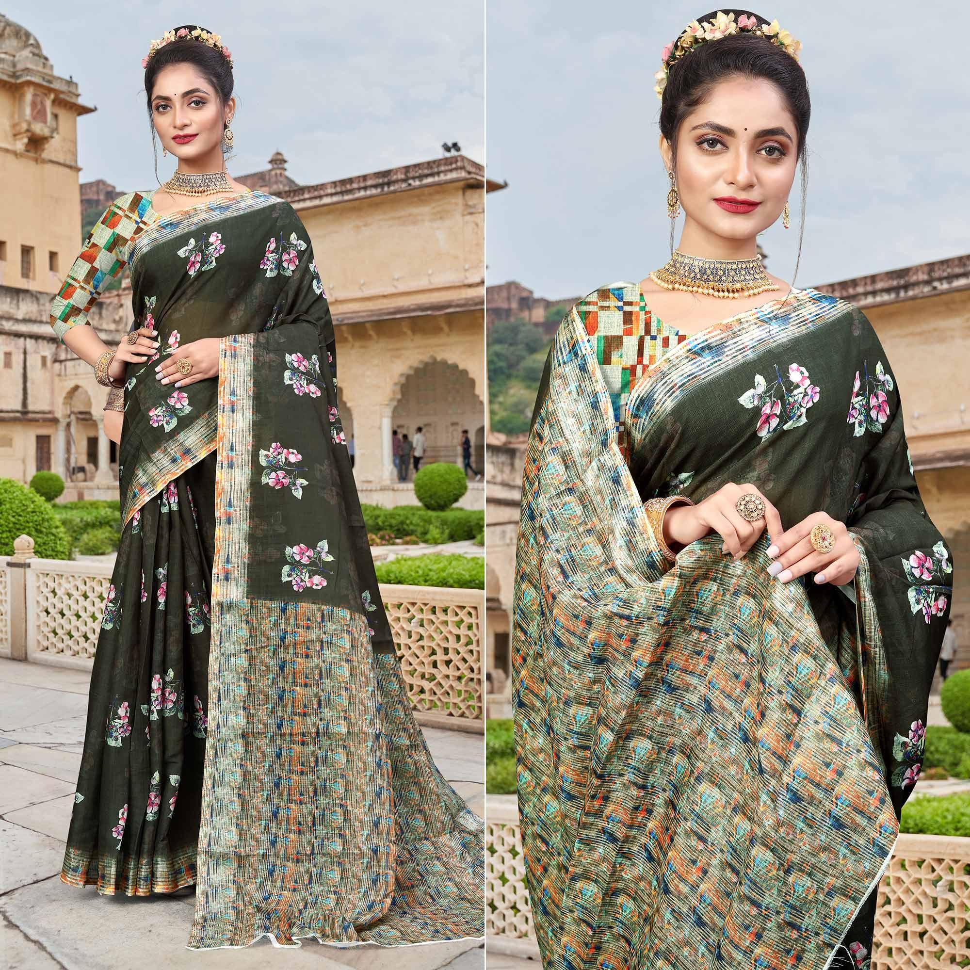 Dark Olive Green Digital Printed Linen Saree - Peachmode
