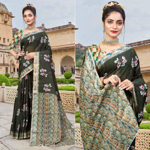 Dark Olive Green Digital Printed Linen Saree - Peachmode