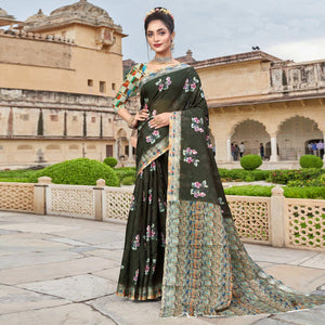 Dark Olive Green Digital Printed Linen Saree - Peachmode