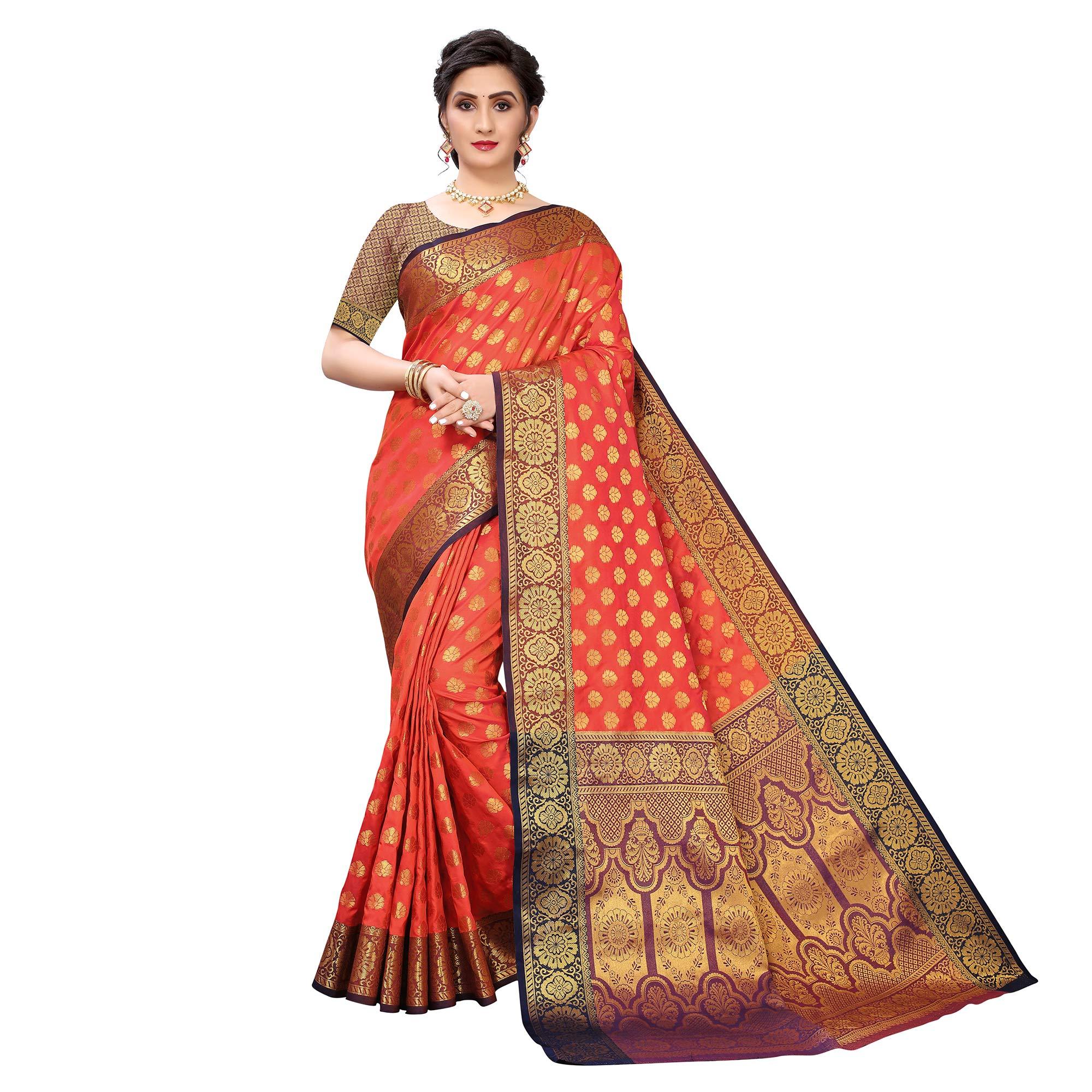 Dark Orange Festive Wear Jari Woven Heavy Silk Saree - Peachmode