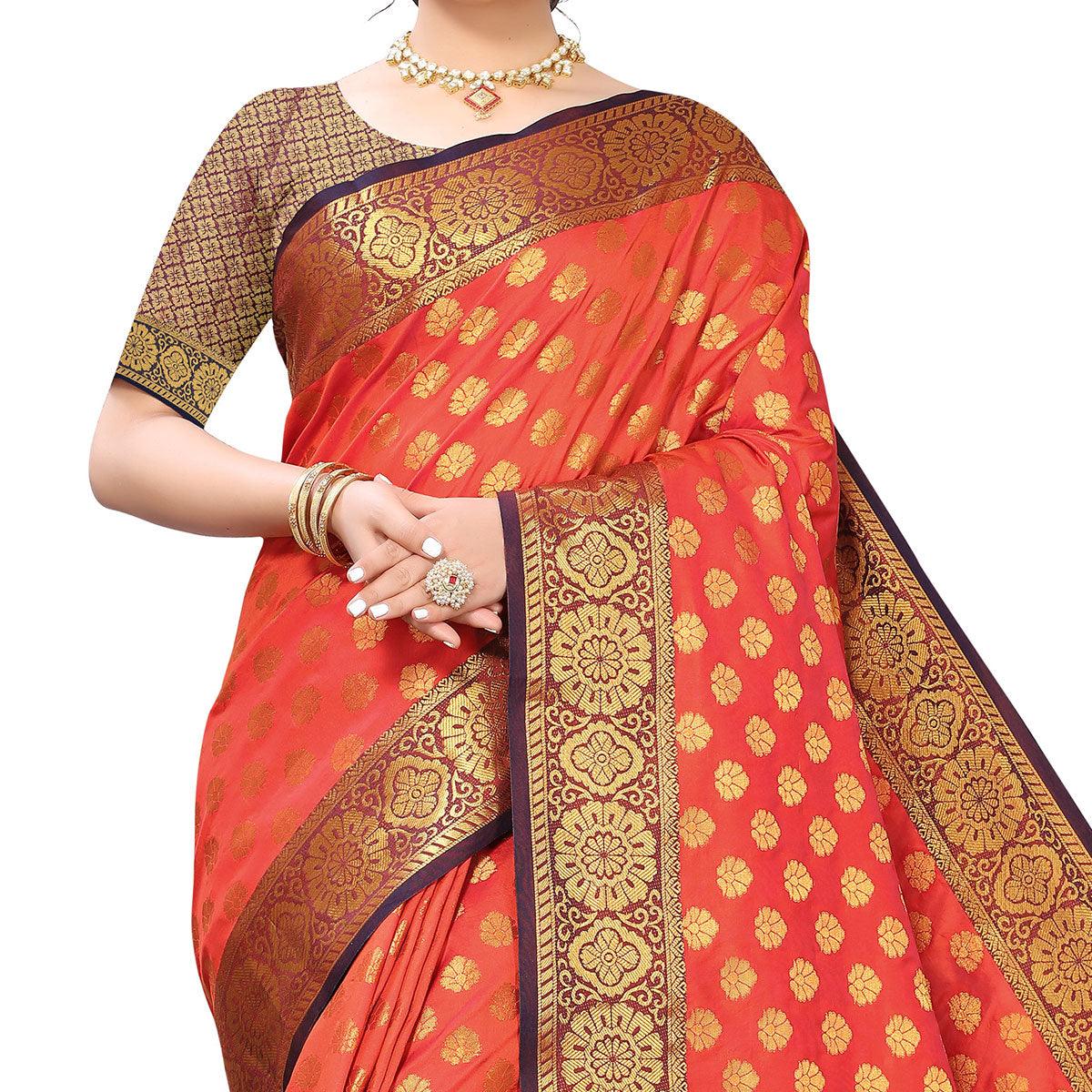 Dark Orange Festive Wear Jari Woven Heavy Silk Saree - Peachmode
