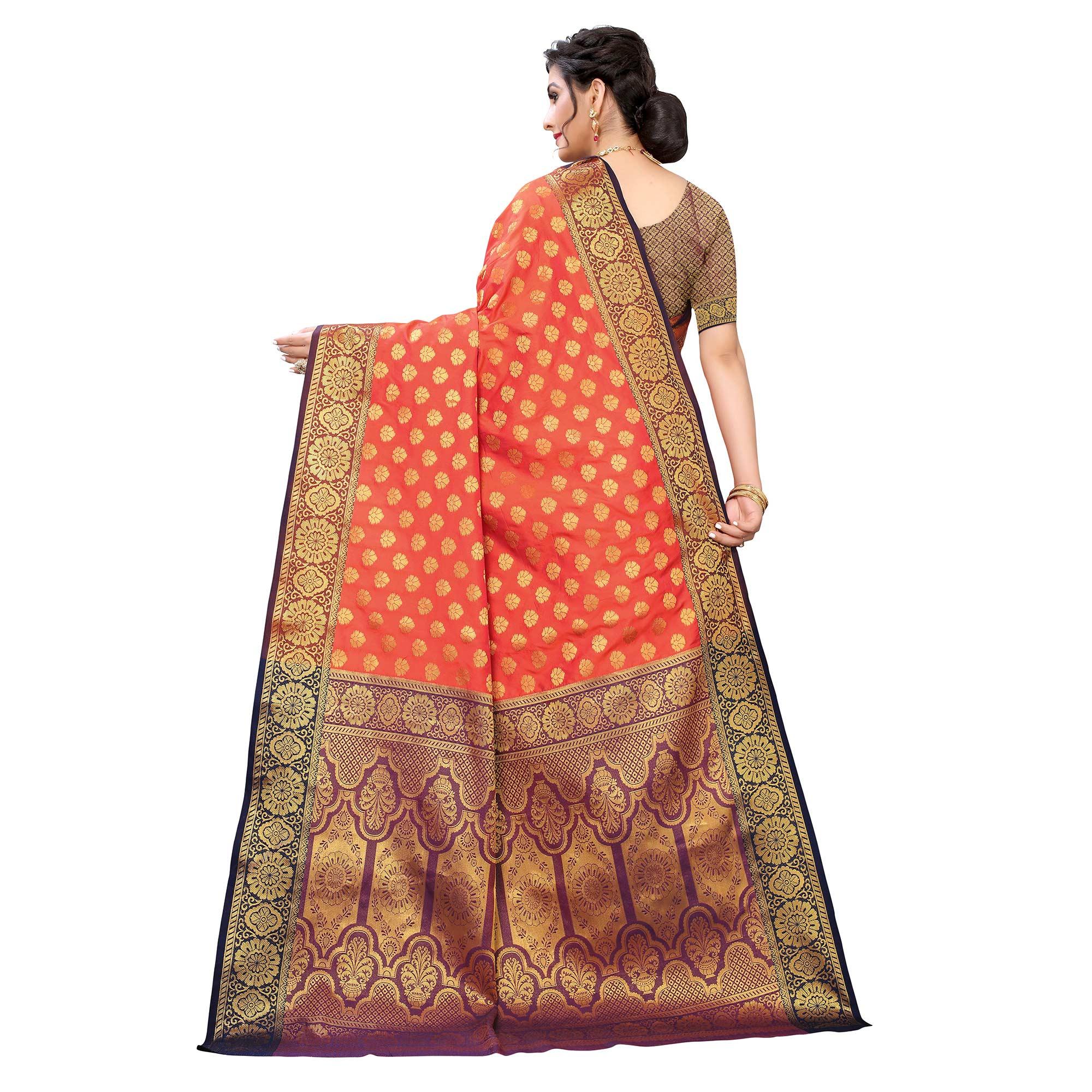 Dark Orange Festive Wear Jari Woven Heavy Silk Saree - Peachmode