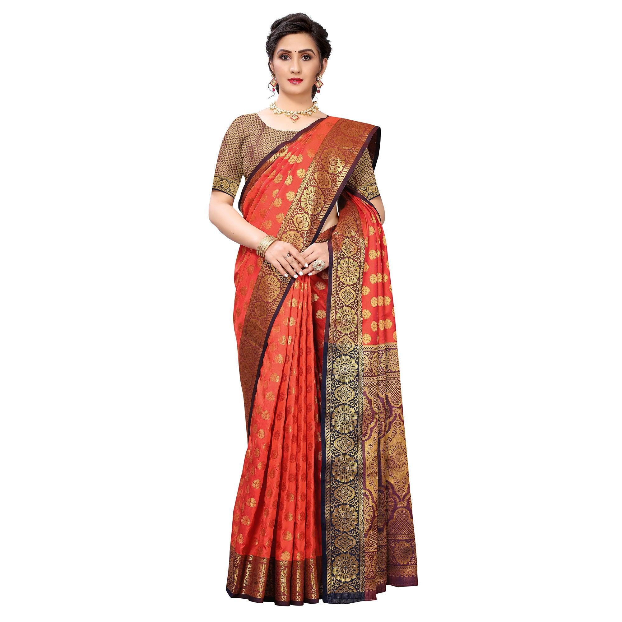 Dark Orange Festive Wear Jari Woven Heavy Silk Saree - Peachmode