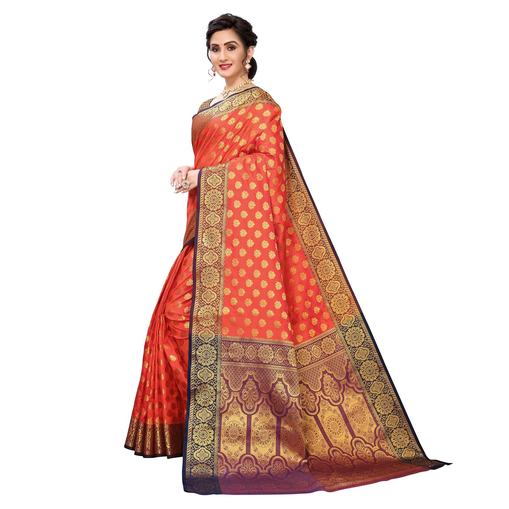Dark Orange Festive Wear Jari Woven Heavy Silk Saree - Peachmode