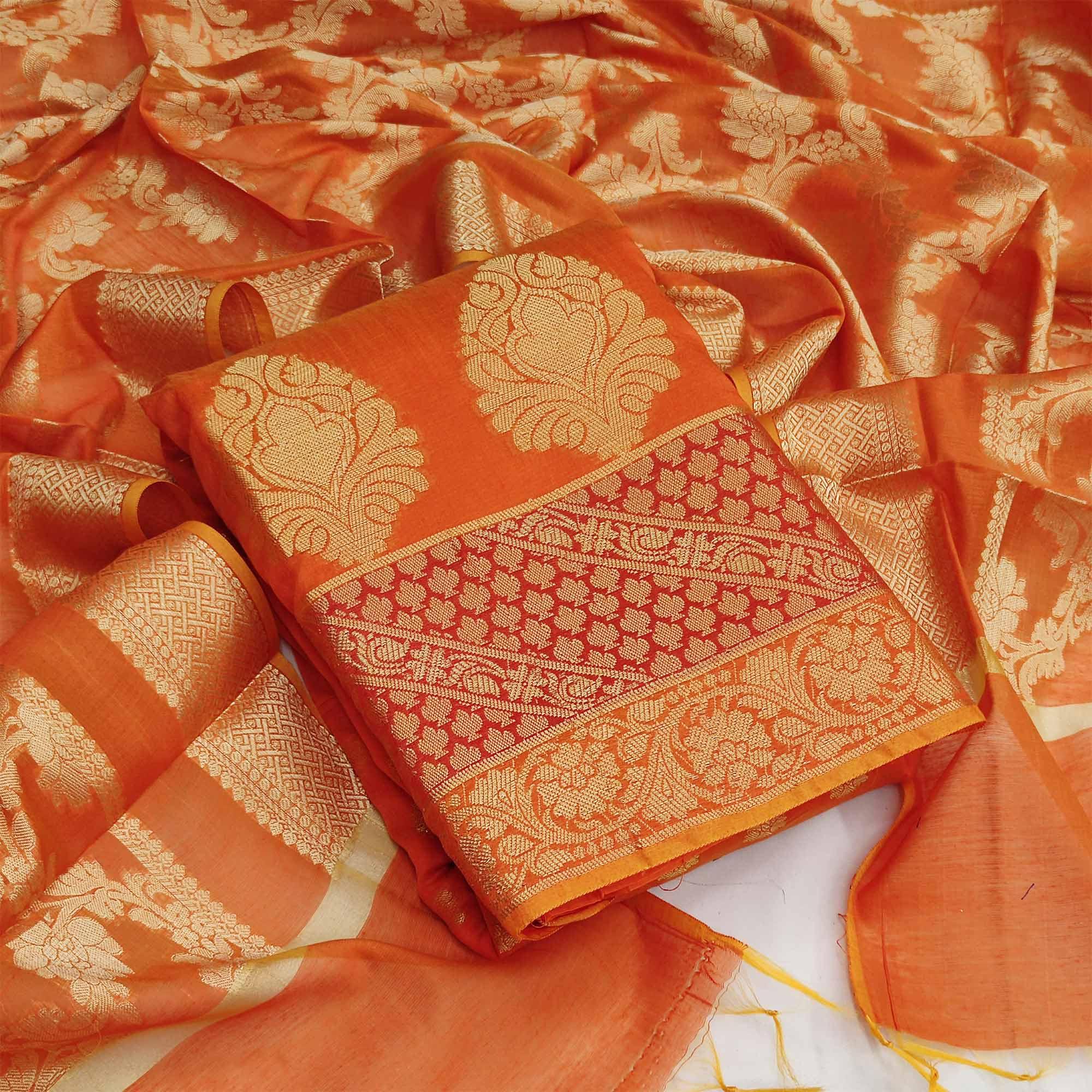 Dark Orange Festive Wear Woven Jacquard Banarasi Silk Dress Material - Peachmode